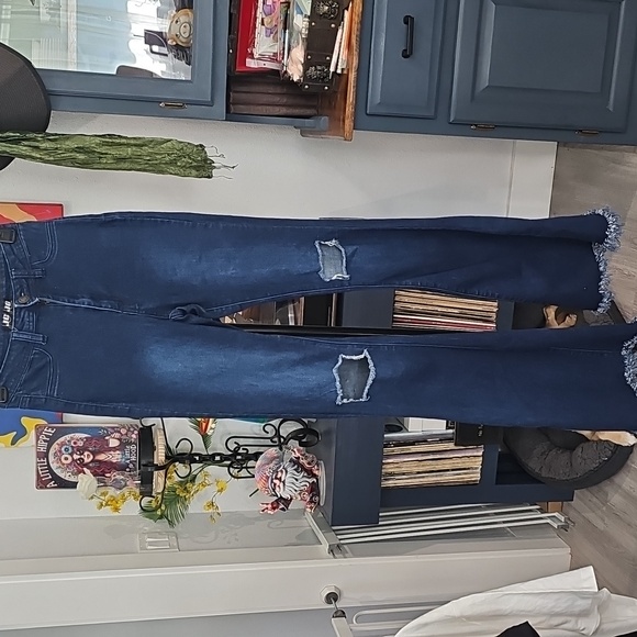 JC & JQ Flare Leg Jeans Ripped Knee Frayed Hem Dark Wash Denim Small - Picture 2 of 6